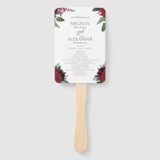 Éventail Programme de mariage | Riche Bourgogne Marsala Flo (Devant)