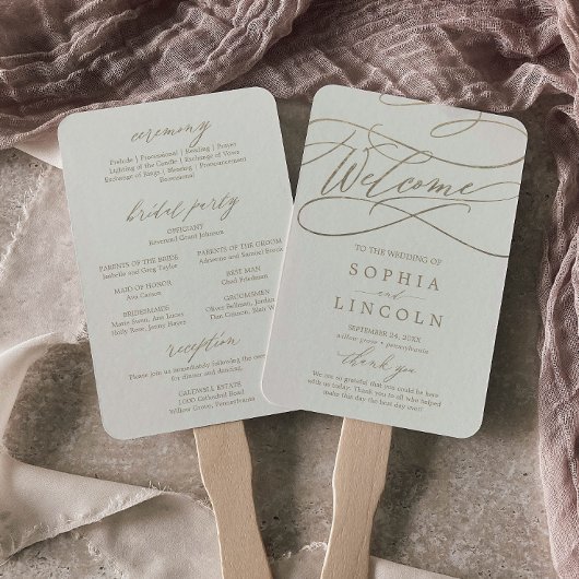 Éventail Programme de mariage romantique d'or et d'ivoire à
