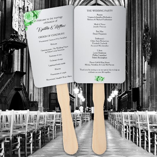 Éventail Programme de mariage Rose en argent et vert