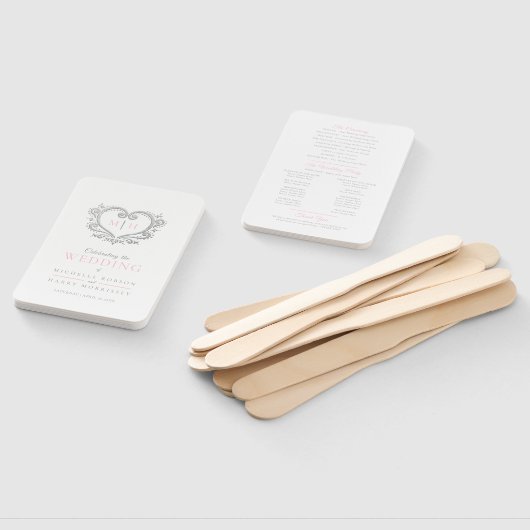 Éventail Programme de mariage rose et blanc du coeur argent (Non-assemblé)