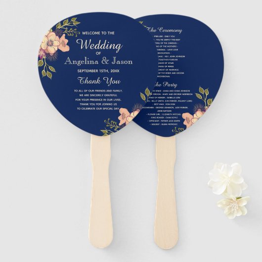 Éventail Programme de mariage rose et bleu floral (Devant et derrière)