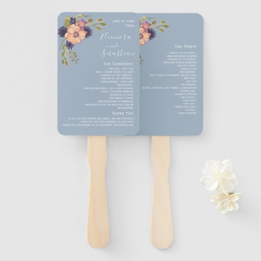 Éventail Programme de mariage rose et bleu roux Ventilateur