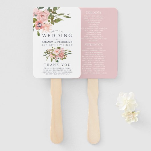 Éventail Programme de mariage rose floral et or rose (Devant et derrière)