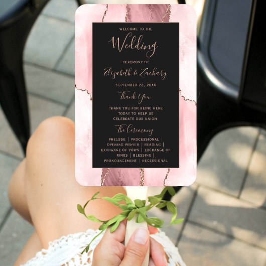 Éventail Programme de mariage rose gold et agate rose pâle 