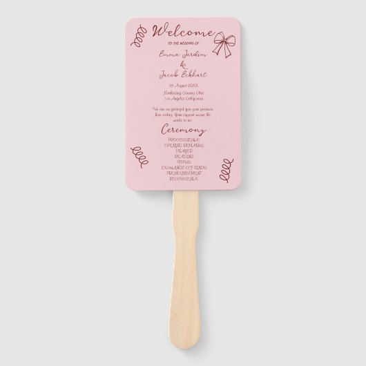 Éventail Programme de Mariage Rose Gribouillis Fantaisistes (Devant)