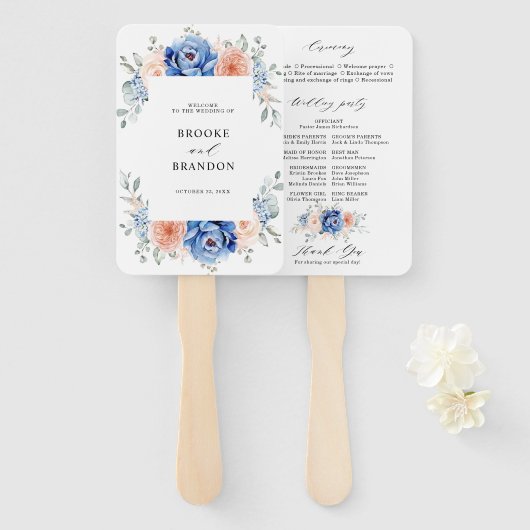 Éventail Programme de mariage rose pâle Dusty bleu marine (Devant et derrière)