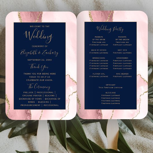 Éventail Programme de mariage Rose Pâle Or Agate Bleu Marin