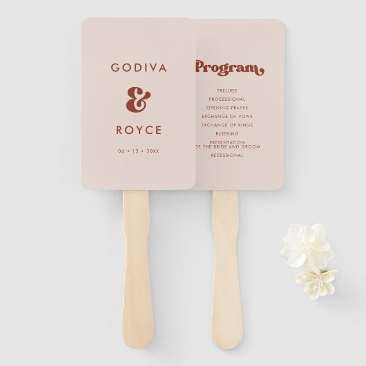 Éventail Programme de mariage rose pêche rétro élégant (Devant et derrière)