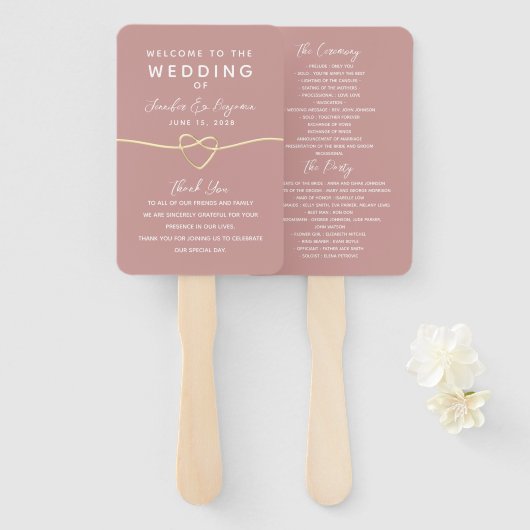 Éventail Programme de mariage Rose Poussiéreuse (Devant et derrière)