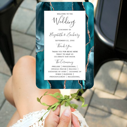 Éventail Programme de mariage Rose sarcelle Or Agate Blanc