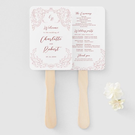 Éventail Programme de mariage rose Vintage (Devant et derrière)