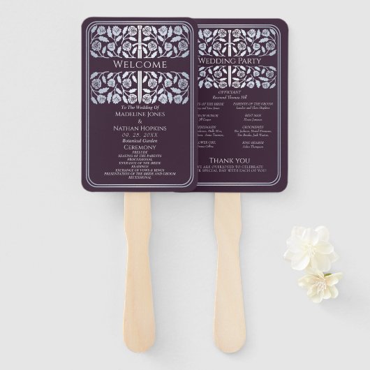 Éventail Programme de mariage royal Épée d'argent Aubergine (Devant et derrière)