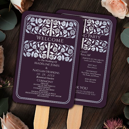 Éventail Programme de mariage royal Épée d'argent Aubergine