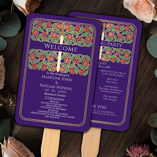Éventail Programme de mariage royal Épée Fleurie Or Violet