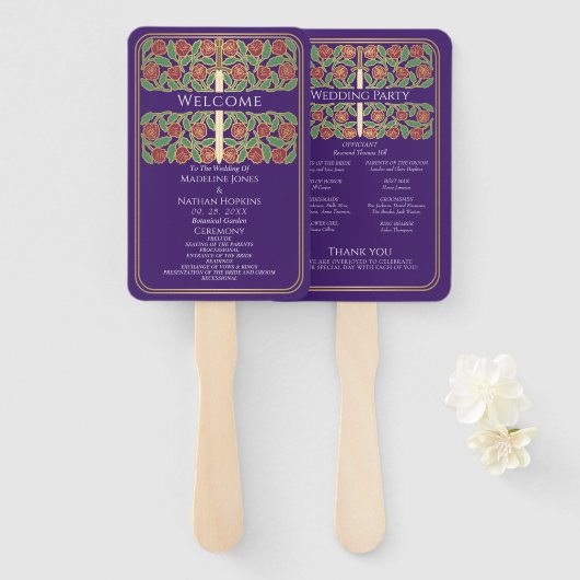 Éventail Programme de mariage royal Épée Fleurie Or Violet (Devant et derrière)