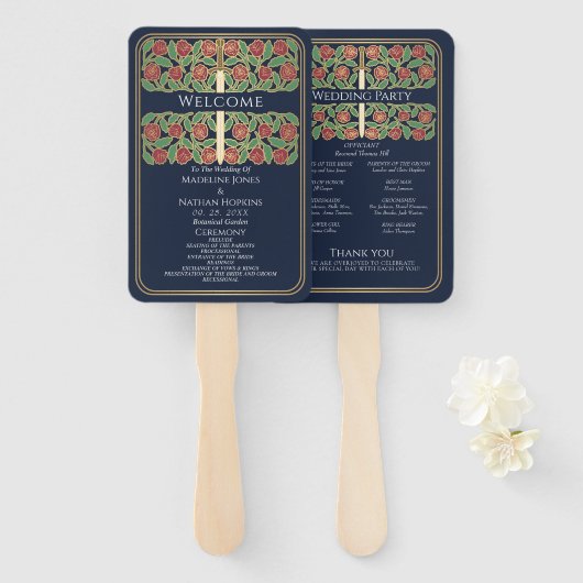 Éventail Programme de mariage royal Épée florale Or Bleu (Devant et derrière)