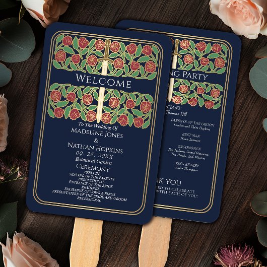 Éventail Programme de mariage royal Épée florale Or Bleu