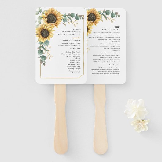 Éventail Programme de mariage rustique de tournesol floral  (Devant et derrière)