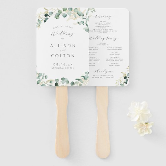 Éventail Programme de mariage rustique d'eucalyptus de verd (Devant et derrière)