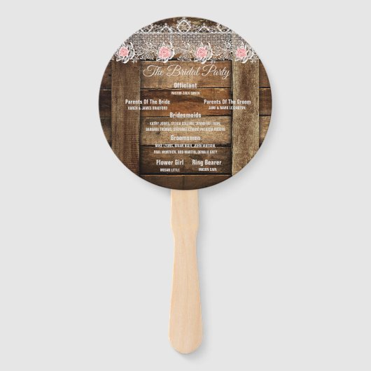 Éventail Programme de mariage rustique en bois et dentelle (Dos)