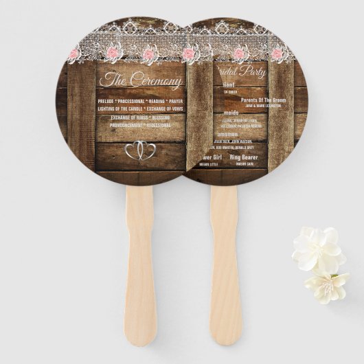 Éventail Programme de mariage rustique en bois et dentelle (Devant et derrière)