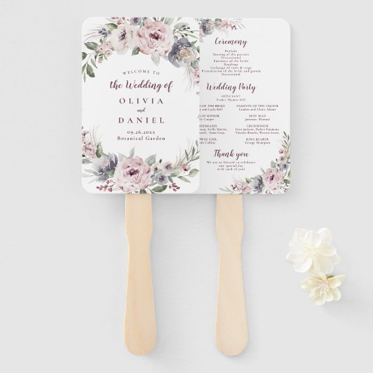 Éventail Programme de mariage rustique floral bohème rose p (Devant et derrière)
