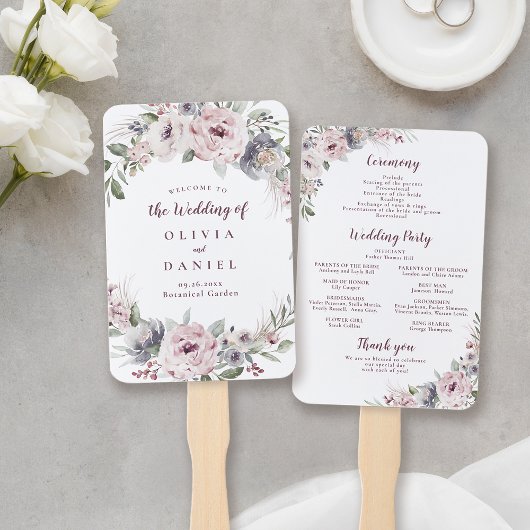 Éventail Programme de mariage rustique floral bohème rose p