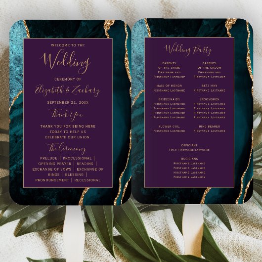 Éventail Programme de mariage sarcelle or agate violet