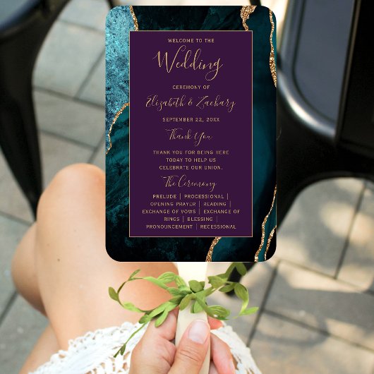 Éventail Programme de mariage sarcelle or agate violet