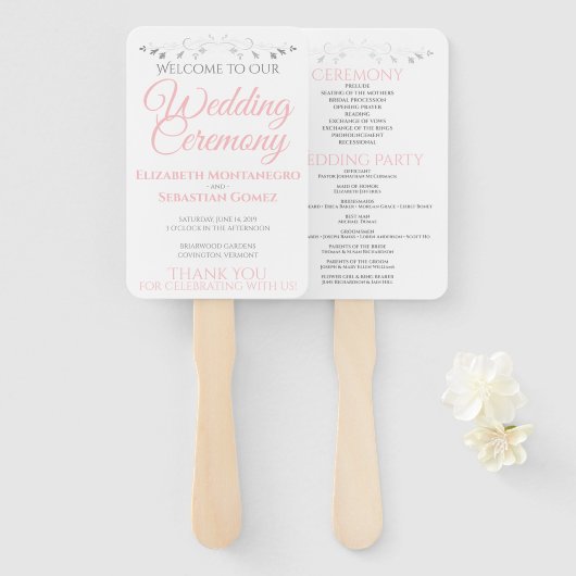 Éventail Programme de mariage simple et élégant rose blanc  (Devant et derrière)