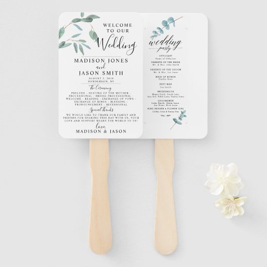 Éventail Programme de mariage simple Eucalyptus (Devant et derrière)