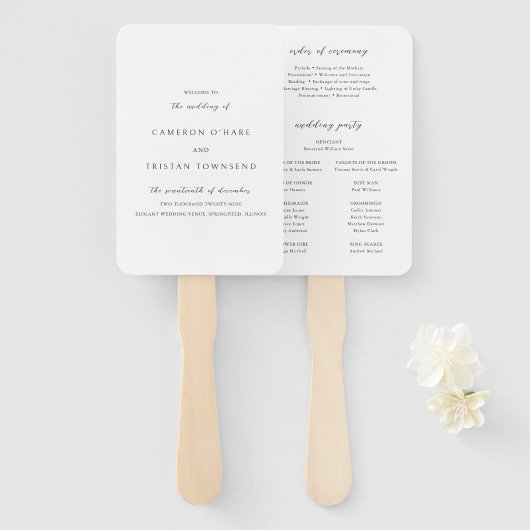 Éventail Programme de mariage simple noir et blanc (Devant et derrière)