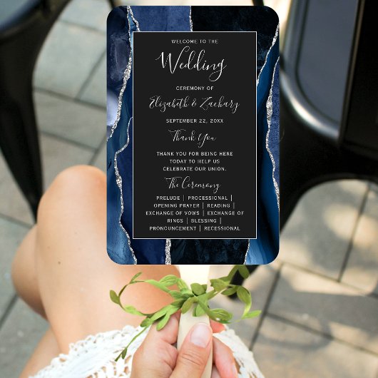 Éventail Programme de mariage sombre bleu marine argent aga