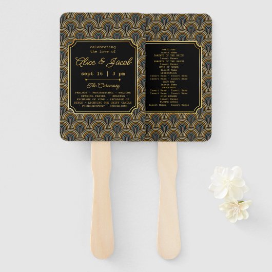 Éventail Programme de mariage style Art Déco brodé à la mai (Devant et derrière)