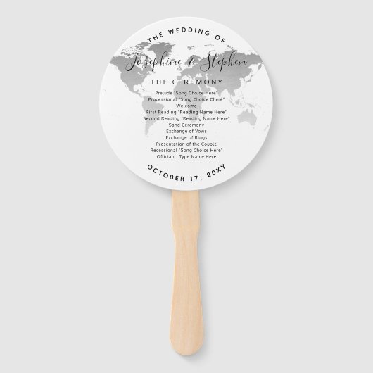 Éventail Programme de mariage sur la carte du monde d'argen (Devant)