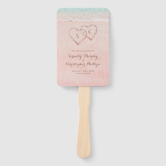 Éventail Programme de mariage sur la plage aux coeurs roses (Devant)