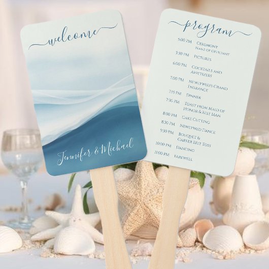 Éventail Programme de mariage sur la plage bleu serein