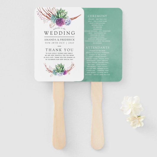 Éventail Programme de mariage sur les succulentes de désert (Devant et derrière)