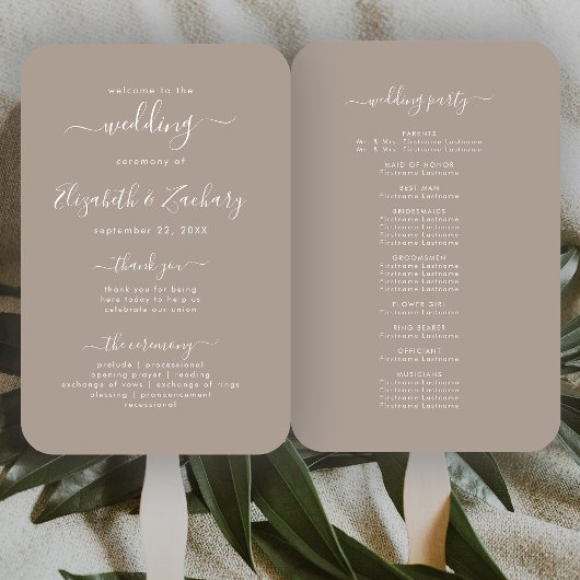 Éventail Programme de mariage taupe écriture moderne
