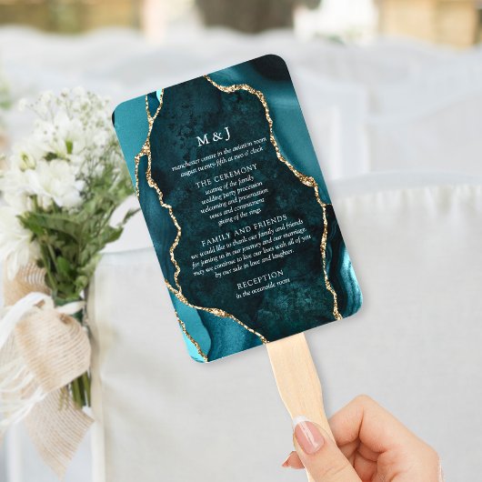 Éventail Programme de mariage Teal, Marble & Agate dorée