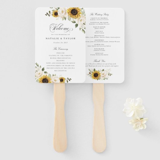 Éventail Programme de mariage tournesols fleurs blanches ve (Devant et derrière)