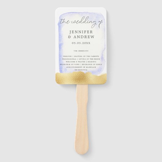 Éventail Programme de mariage transparent Blue Gold Foil (Devant)