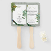 Éventail Programme de mariage tropical à plumes de paon vin (Devant et derrière)