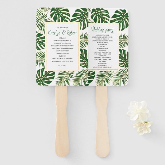 Éventail Programme de mariage tropical feuille vert et or (Devant et derrière)