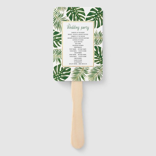 Éventail Programme de mariage tropical feuille vert et or (Dos)