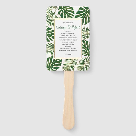 Éventail Programme de mariage tropical feuille vert et or (Devant)