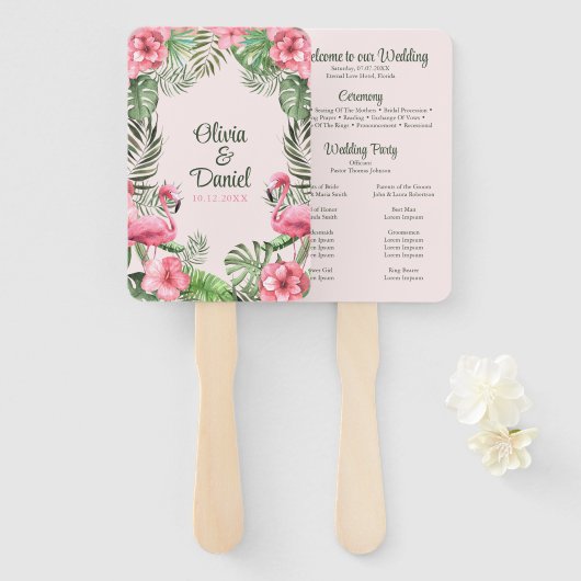 Éventail Programme de mariage tropical flamant rose aquarel (Devant et derrière)