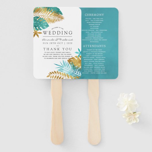 Éventail Programme de mariage tropical sarcelle et or (Devant et derrière)