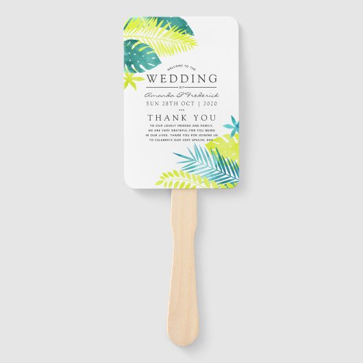 Éventail Programme de mariage tropical turquoise et citron (Devant)