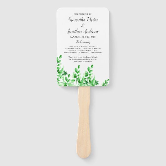 Éventail Programme de mariage vert aquarelle (Devant)